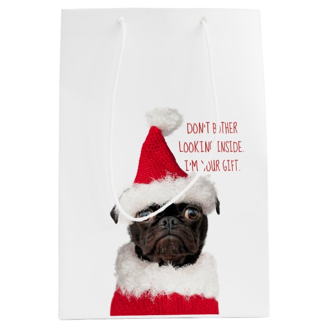 Cute Festive Christmas Black Pug Puppy Santa Medium Gift Bag (Front)