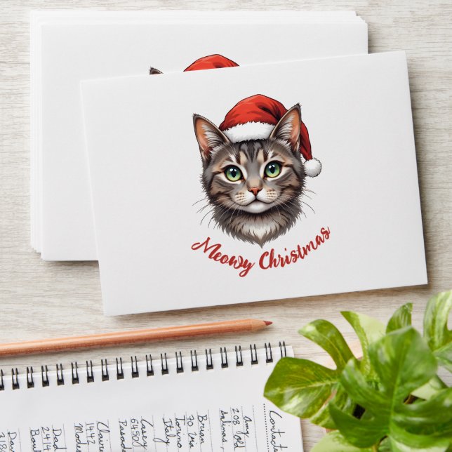 Cute Festive Christmas Cat with Santa Hat Envelope (Stacked)