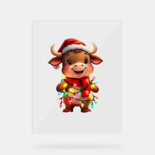 Cute Festive Christmas Cow with Holiday Lights Kid Acrylic Sign