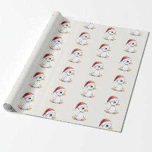 Cute Festive Christmas Goose Duck With Santa Hat Wrapping Paper