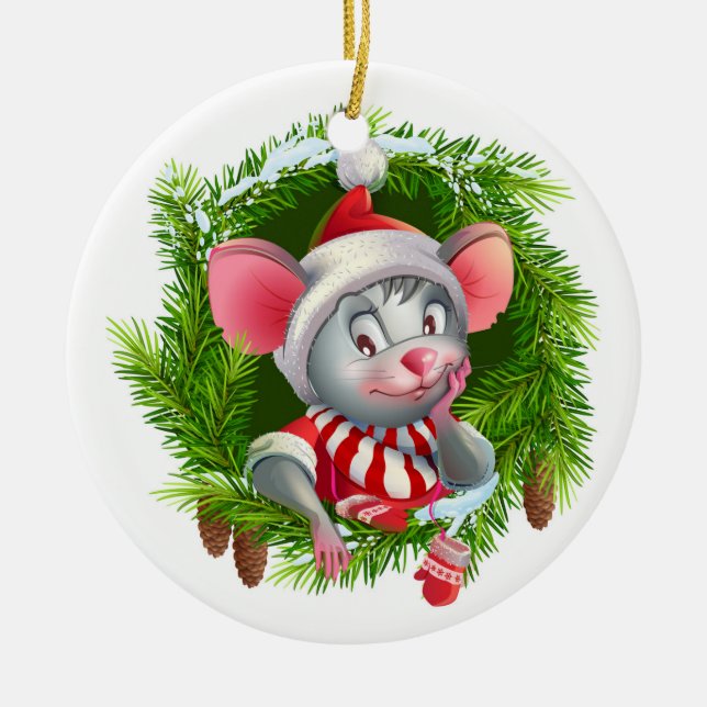 Cute Festive Christmas Holiday Mouse Ceramic Tree Decoration (Front)