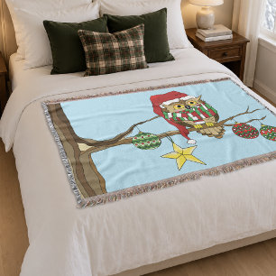 Cute Festive Christmas Owl Holiday Tree  Throw Blanket