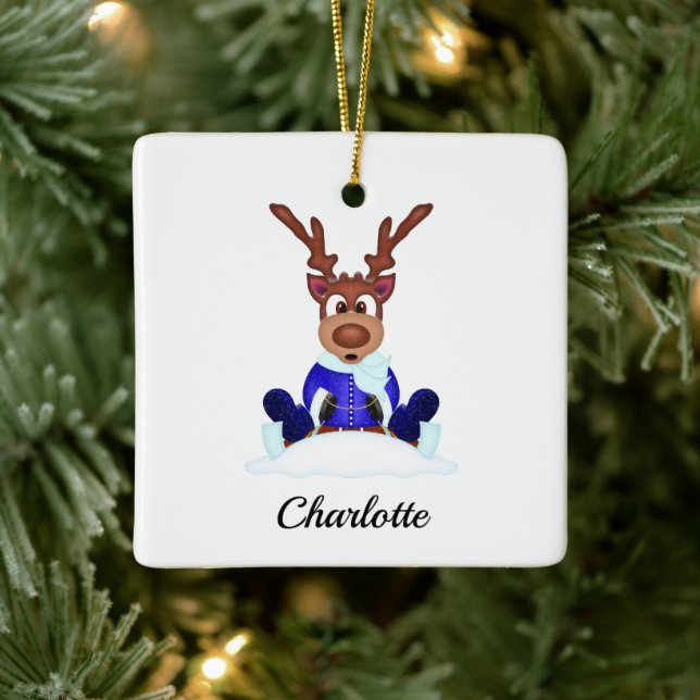 Cute Festive Christmas Reindeer Customized Ceramic Ornament (Tree)