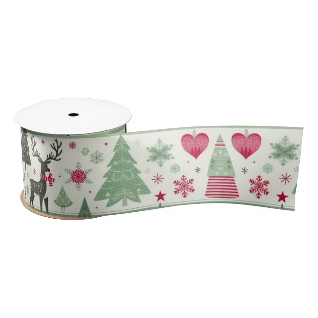 Cute Festive Christmas Reindeer Green Satin Ribbon (Spool)