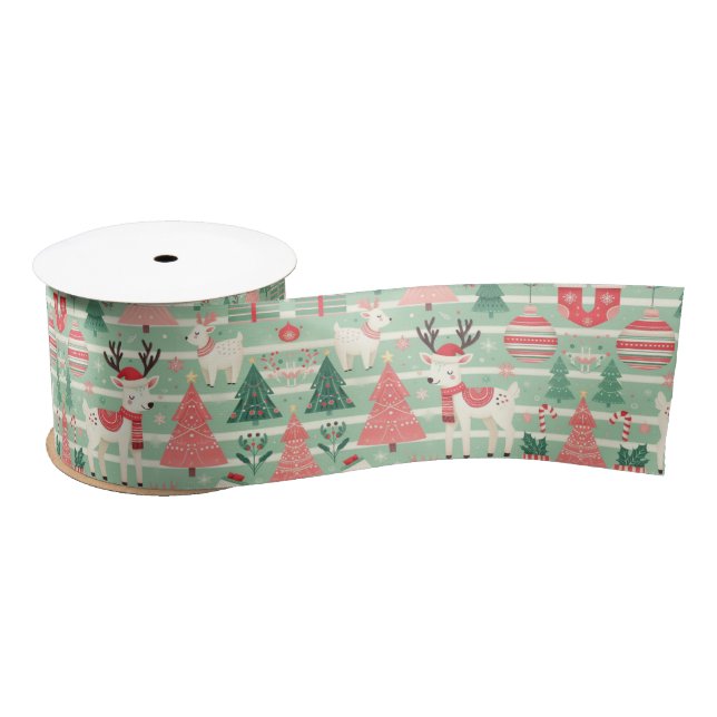 Cute Festive Christmas Reindeer Pattern Green Satin Ribbon (Spool)