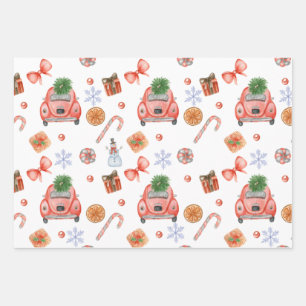 Cute Festive Christmas Vintage Cars and Trees  Wrapping Paper Sheet