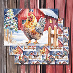 Cute Festive Country Chickens Christmas Wrapping Paper Sheet<br><div class="desc">Cute Christmas gift wrap with watercolor style chickens and roosters standing by a rustic wood fence in front of a barn. All three sheets are different cow graphics.</div>