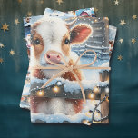 Cute Festive Country Cows Christmas Wrapping Paper Sheet<br><div class="desc">Cute Christmas gift wrap with watercolor style cows standing by a rustic wood fence in front of a barn. All three sheets are different cow graphics.</div>