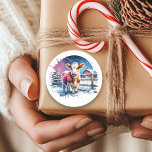 Cute Festive Cow Card Christmas Classic Round Sticker<br><div class="desc">A cute personalised Christmas card with a watercolor style cow standing by a rustic wood fence in front of a barn. Cute country farmer themed Christmas card.</div>
