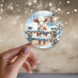 Cute Festive Cow Christmas Classic Round Sticker<br><div class="desc">Cute Christmas stickers with a watercolor style cow standing by a rustic wood fence in front of a barn. Cute country farmer themed Christmas stickers or Christmas card sealers.</div>