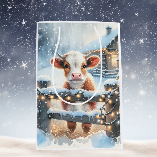Cute Festive Cow Christmas Medium Gift Bag (Creator Uploaded)