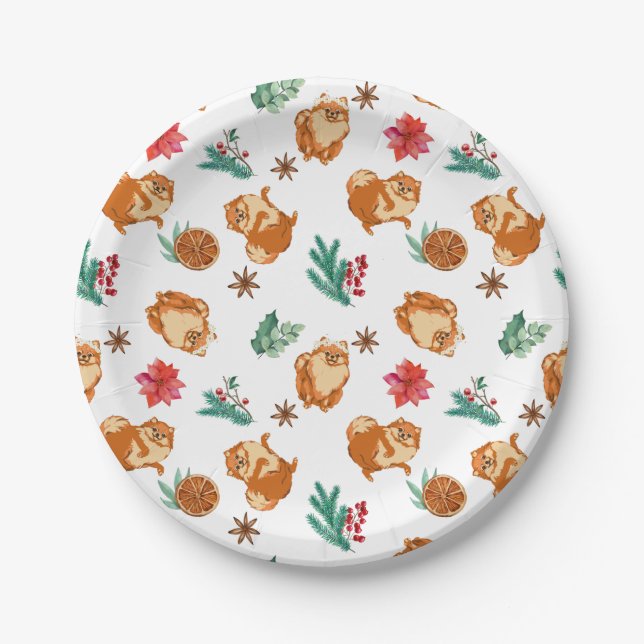 Cute Festive Fluffy Dog Christmas party Paper Plate (Front)