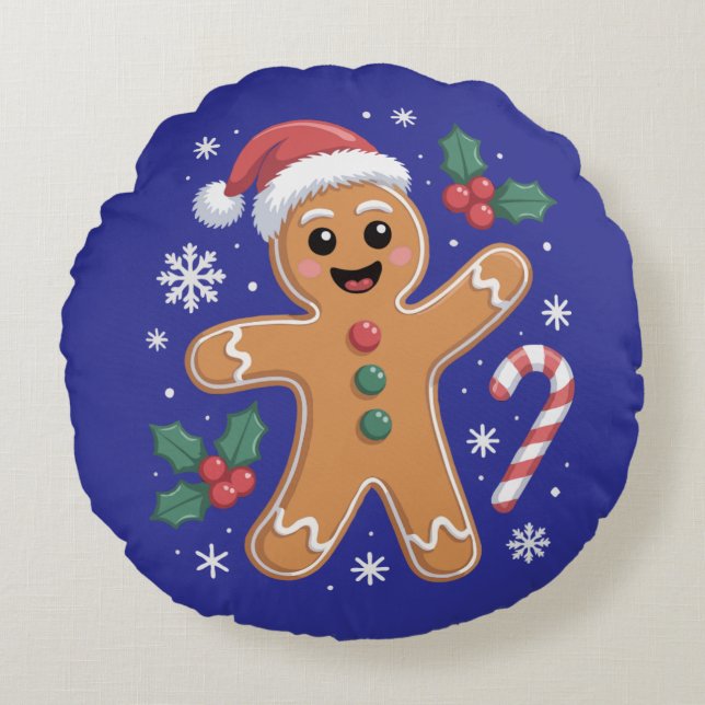 Cute Festive Gingerbread Man Christmas Cookie  Round Cushion (Front)