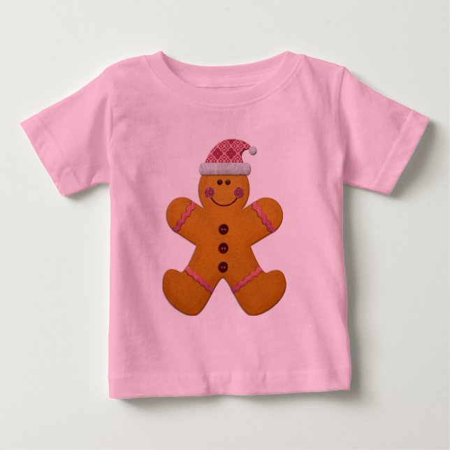 Cute Festive Gingerbread Man in Pink Baby T-Shirt (Front)