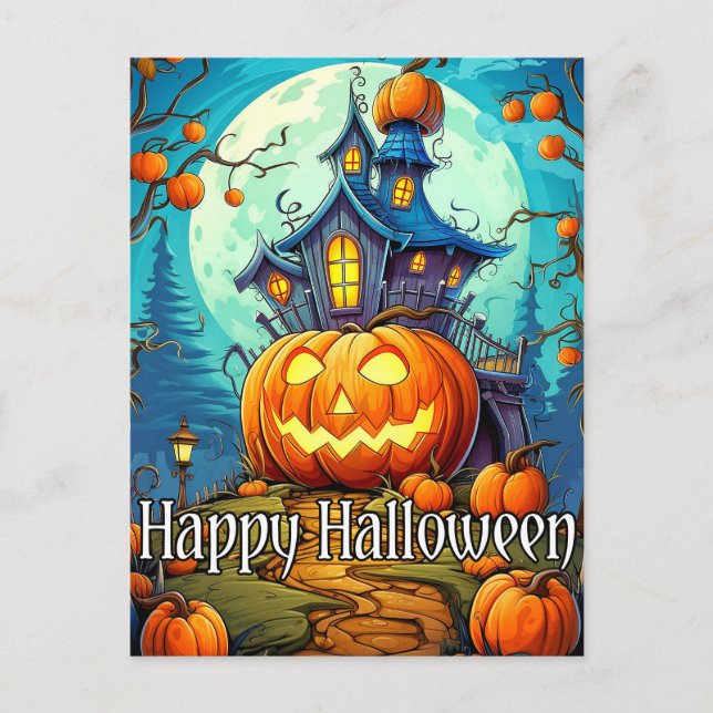 Cute Festive Haunted House | Happy Halloween Postcard (Front)
