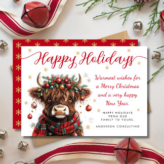 Cute Festive Highland Cow Happy Holidays Business Holiday Card