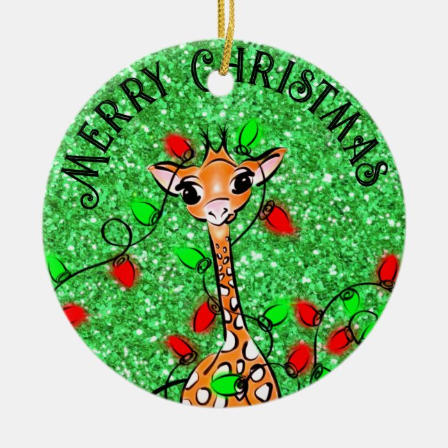 Cute festive Holiday Giraffe twinkle lights Ceramic Tree Decoration (Front)