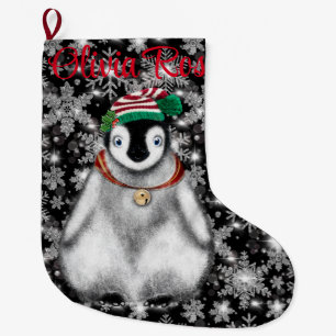 Cute festive holiday Penguin glitter snowflakes  Large Christmas Stocking