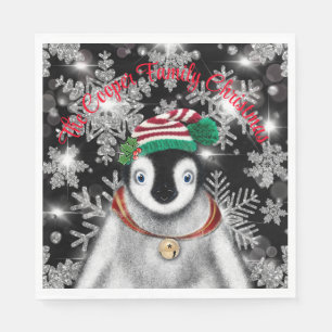 Cute festive holiday Penguin glitter snowflakes Napkin