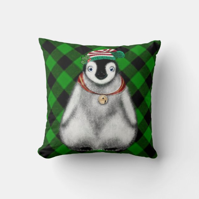Cute festive holiday Penguin green black plaid  Cushion (Front)