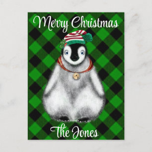 Cute festive holiday Penguin green black plaid  Postcard