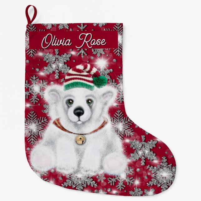 Cute festive holiday Polar bear glitter snowflakes Large Christmas Stocking (Front)