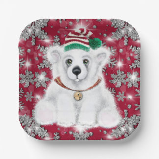 Cute festive holiday Polar bear glitter snowflakes Paper Plate