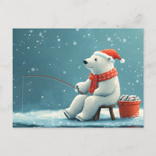Cute festive illustration of a polar bear fishing holiday postcard