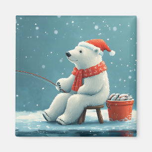 Cute festive illustration of a polar bear fishing magnet