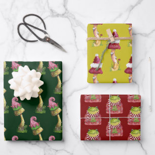 Cute Festive Mushroom and Frog Pattern Christmas Wrapping Paper Sheet