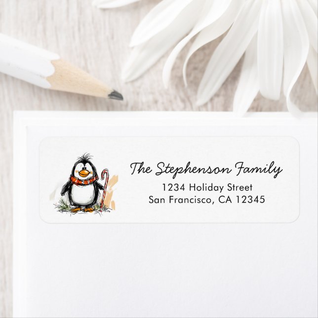 Cute Festive Penguin Christmas Return Address (Insitu)