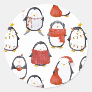 Cute Festive Penguins Pattern Christmas Classic Round Sticker