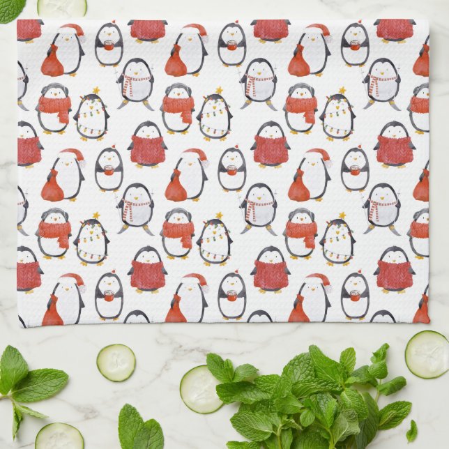 Cute Festive Penguins Pattern Christmas Tea Towel (Folded)