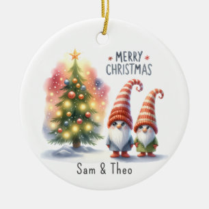 Cute Festive Personalised Merry Christmas Gnome Ceramic Tree Decoration