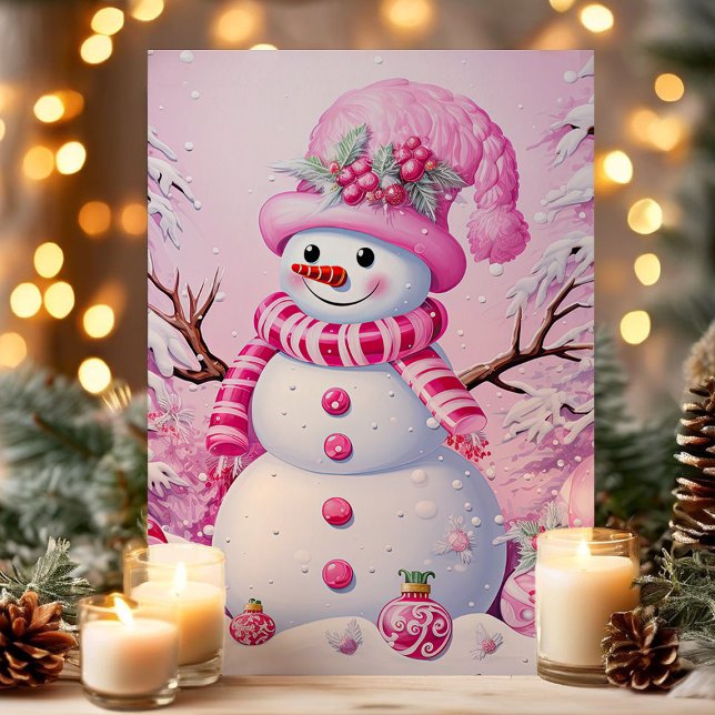 Cute Festive Pink Snowman Christmas Holiday Card (Creator Uploaded)