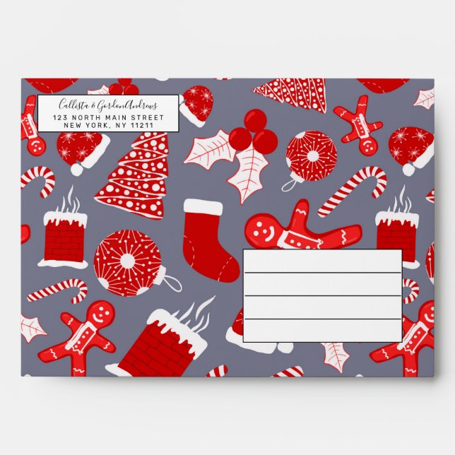 Cute Festive Red Illustrations Christmas Pattern Envelope (Front)