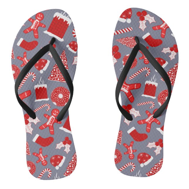 Cute Festive Red Illustrations Christmas Pattern Jandals (Footbed)