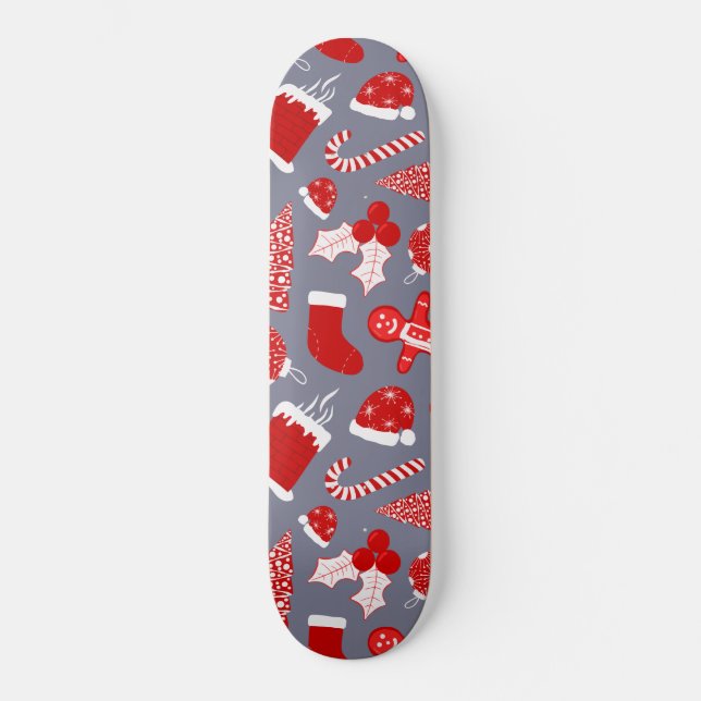 Cute Festive Red Illustrations Christmas Pattern Skateboard (Front)