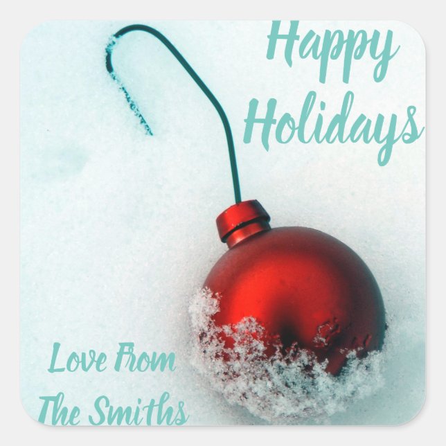 Cute festive red ornament on snow holiday photo square sticker (Front)