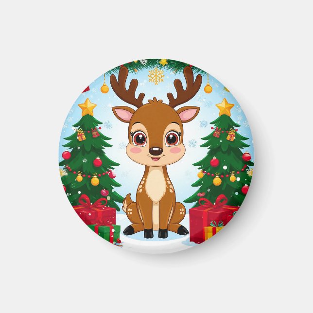 Cute Festive Reindeer Surrounded by Christmas Tree Magnet (Front)