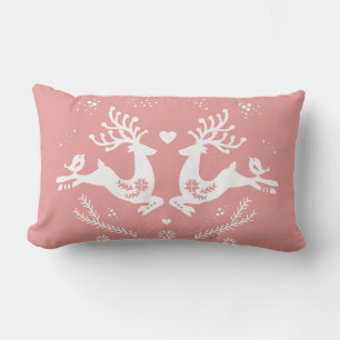 Cute Festive Scandi Pink Christmas Deer Lumbar Cushion