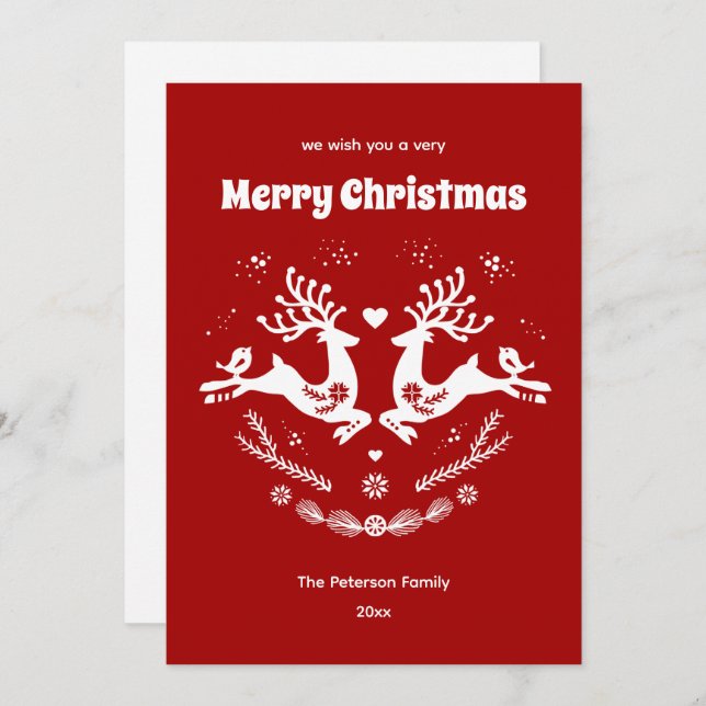 Cute Festive Scandi Red White Christmas Deer  Invitation (Front/Back)