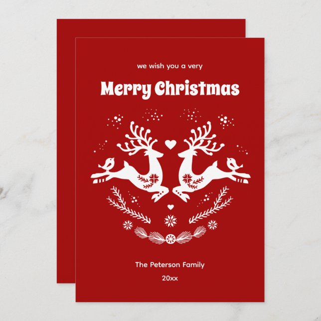 Cute Festive Scandi Red White Christmas Deer  Invitation (Front/Back)