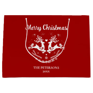 Cute Festive Scandi Red White Christmas Deer Large Gift Bag