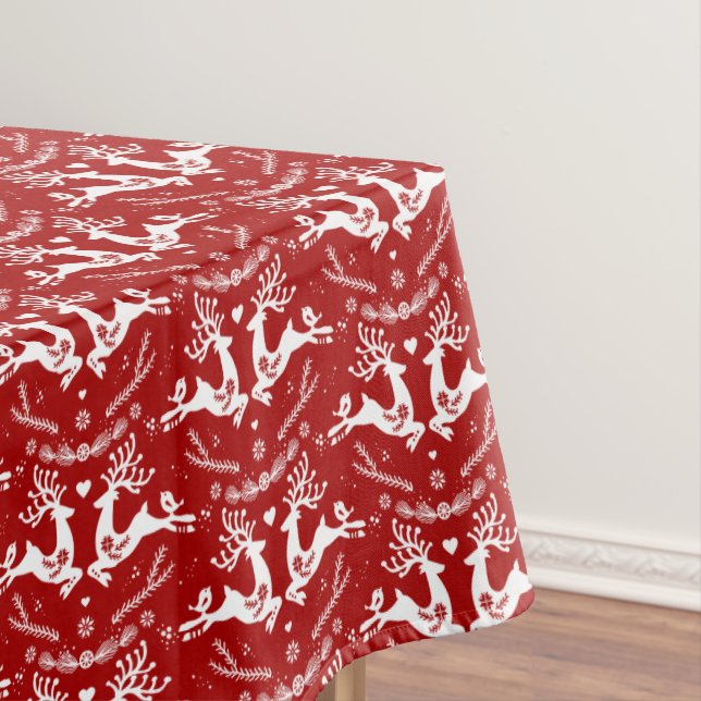 Cute Festive Scandi Red White Christmas Deer  Tablecloth (In Situ)
