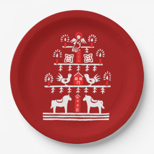 Cute Festive Scandi Red White Christmas Tree Paper Plate