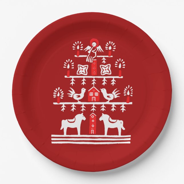 Cute Festive Scandi Red White Christmas Tree Paper Plate (Front)