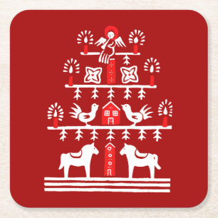 Cute Festive Scandi Red White Christmas Tree Square Paper Coaster