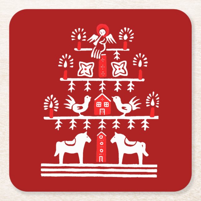 Cute Festive Scandi Red White Christmas Tree Square Paper Coaster (Front)