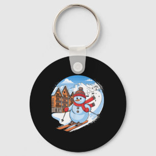 Cute Festive Snowman Downhill Skiing Key Ring